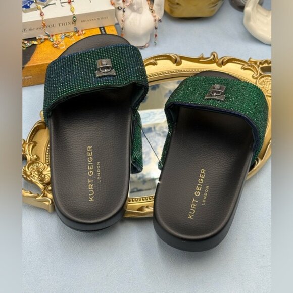 🆕 KURT GEIGER LONDON 🧿 NWOB Brixton Poolslide, Blue Green Crystals - Sz 40 US9 - Picture 11 of 15
